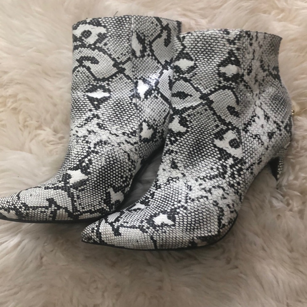 Faux snakeskin stiletto booties